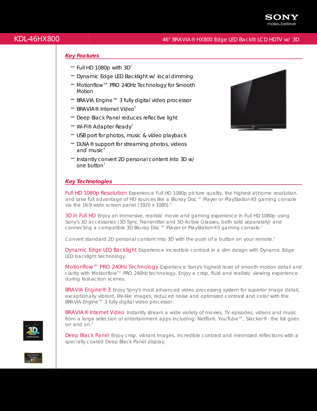 Download free pdf for Sony BRAVIA KDL-46HX800 TV manual